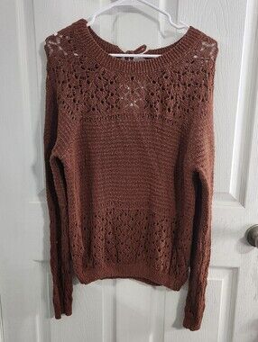 Brown y2k open knit crochet stretchy sweater boho lagenlook stretchy small